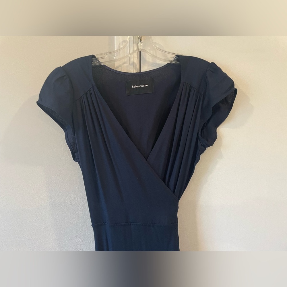 Reformation Navy Blue v neck wrap dress cap sleeve